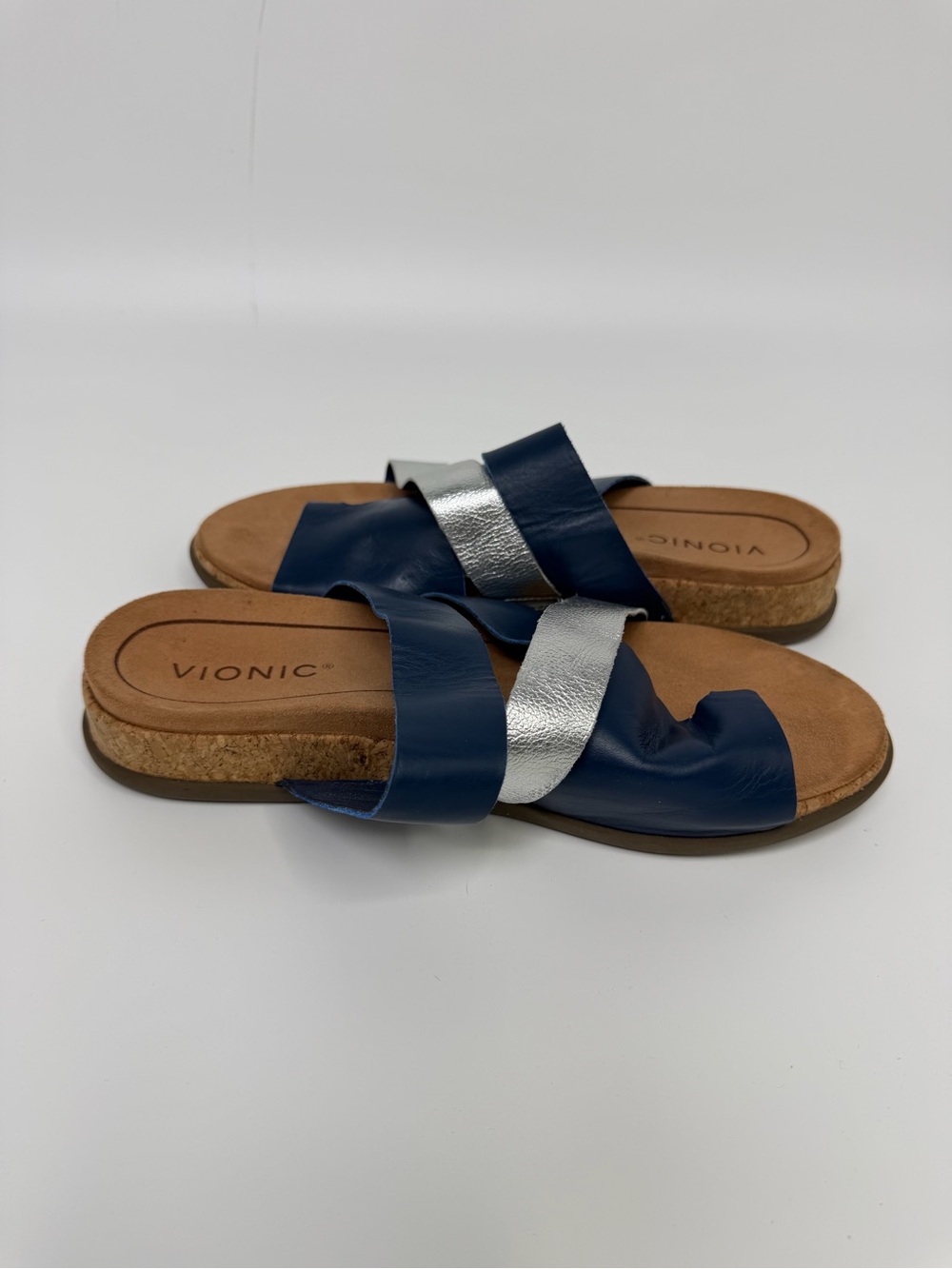 Vionic Blue & Silver Luelle Strappy Toe Loop Leather Slide Sandals Size 8.5 - Picture 7 of 9